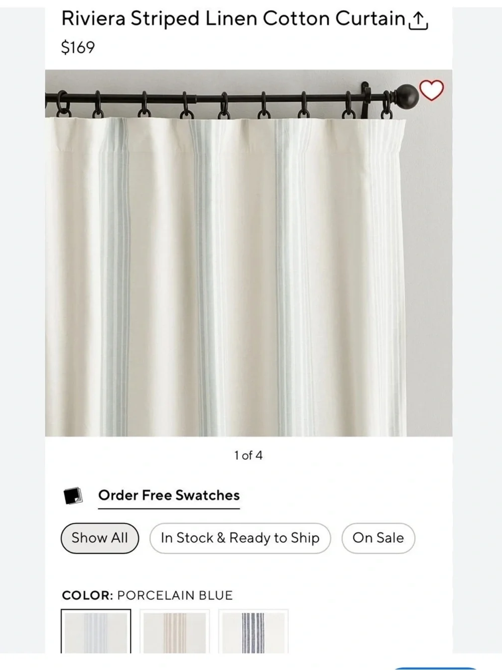 Pottery Barn Riviera Porcelain Blue Striped Linen-Cotton Curtain Panel.